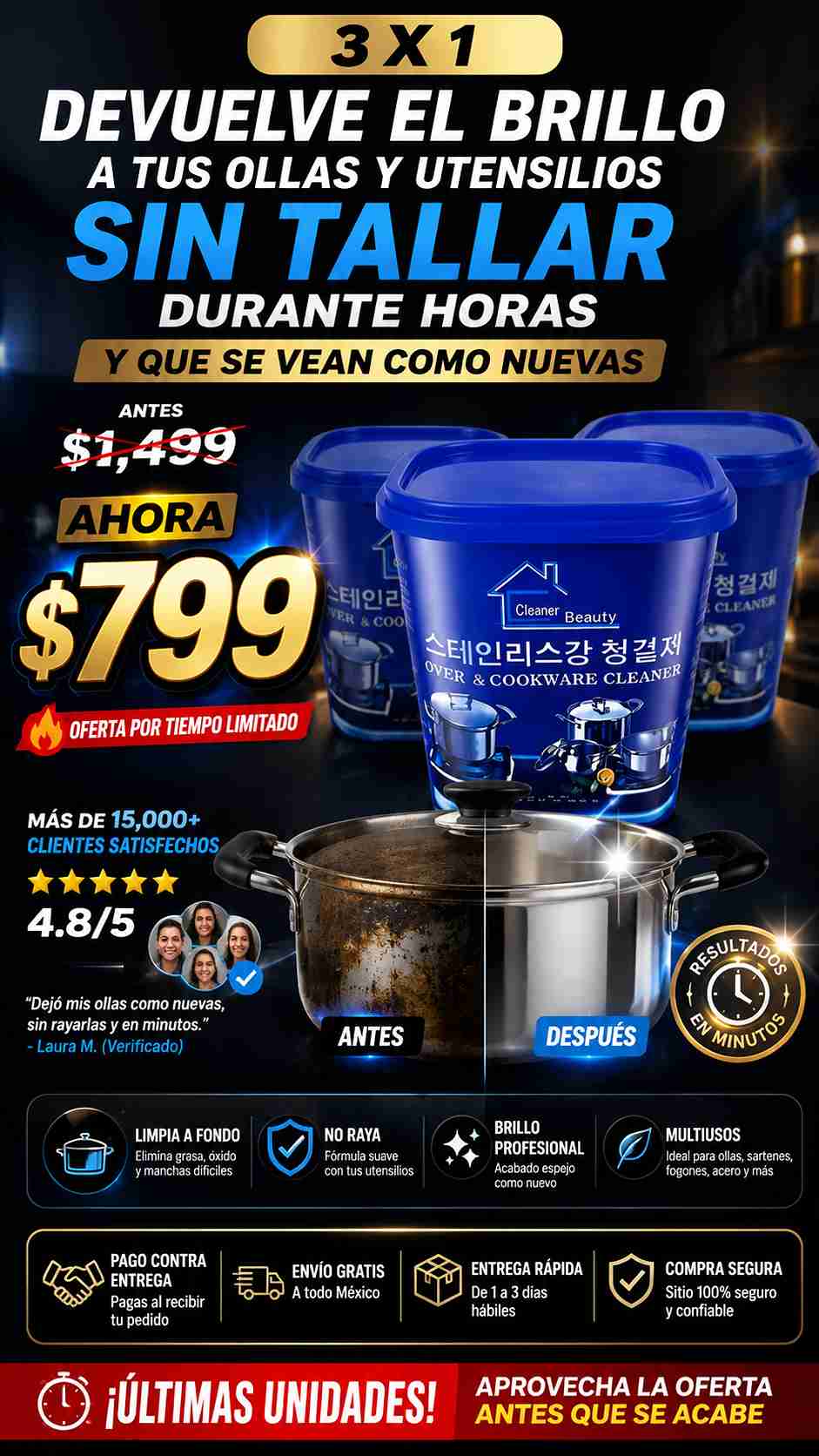 3x1 Pasta Limpiadora Ollas Acero Inoxida