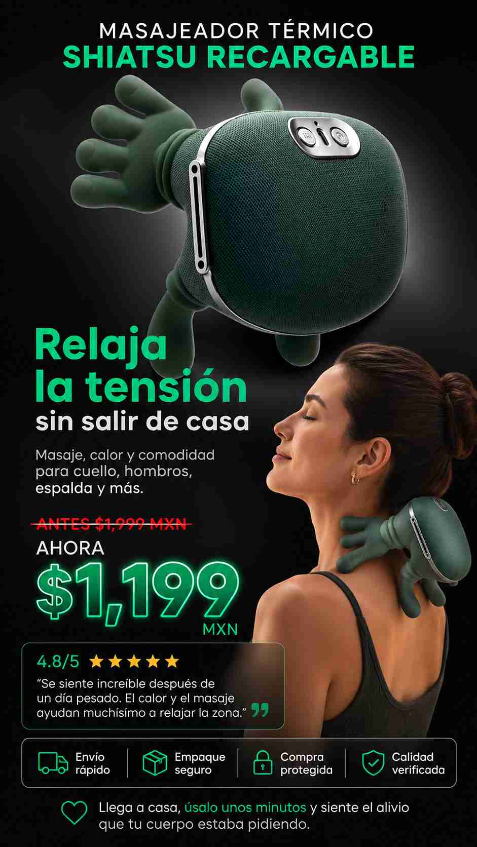 MASAJEADOR TERMICO SHIATSU RECARGABLE